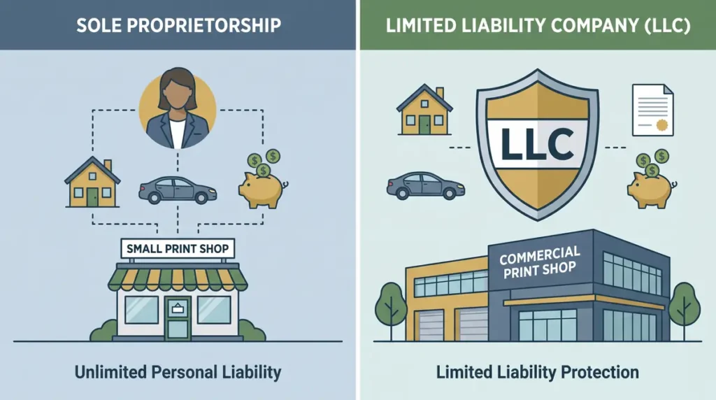 Infographic comparing sole proprietorship and LLC for print shops with personal liability visuals