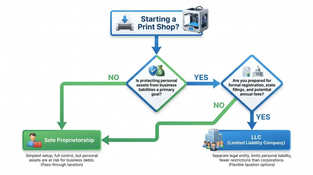 Flowchart showing decision path between LLC and Sole Proprietorship for a print shop