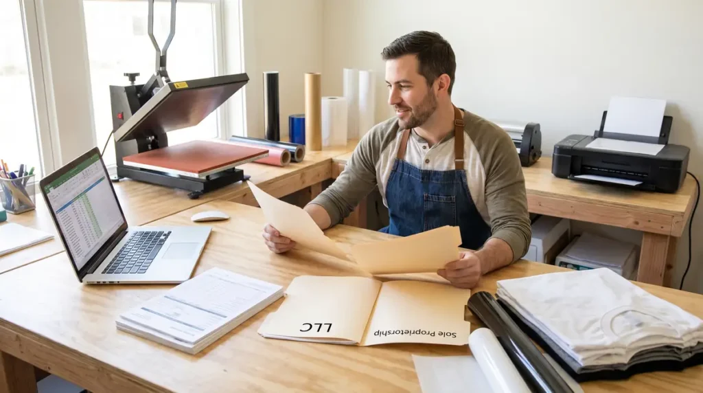 Man in apron reviewing documents at a desk with printing supplies, laptop, and printer