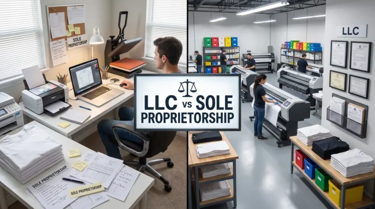 Workspace showing sole proprietorship setup on left and LLC print shop on right
