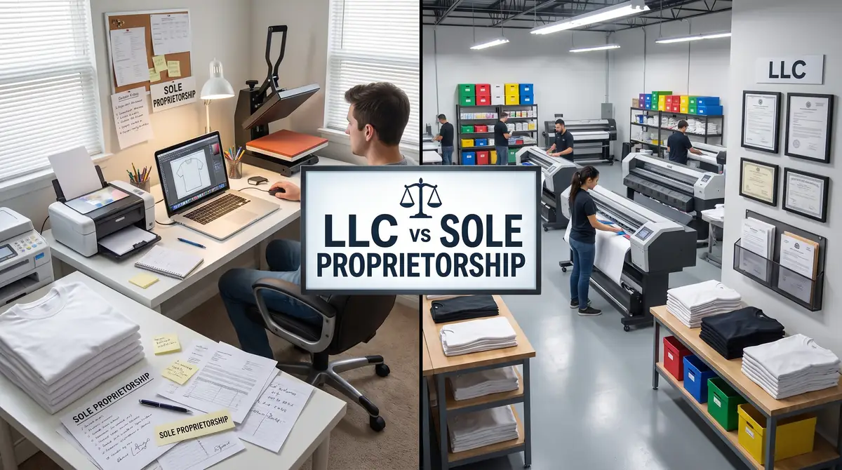 Workspace showing sole proprietorship setup on left and LLC print shop on right