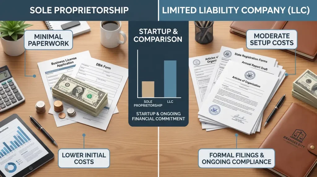 Workspace showing paperwork, money, and devices comparing sole proprietorship and LLC startup costs