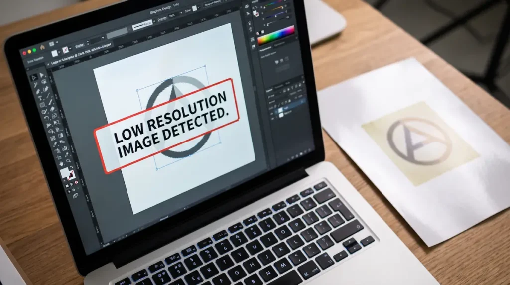 Laptop screen displaying low resolution image warning while graphic design file is open