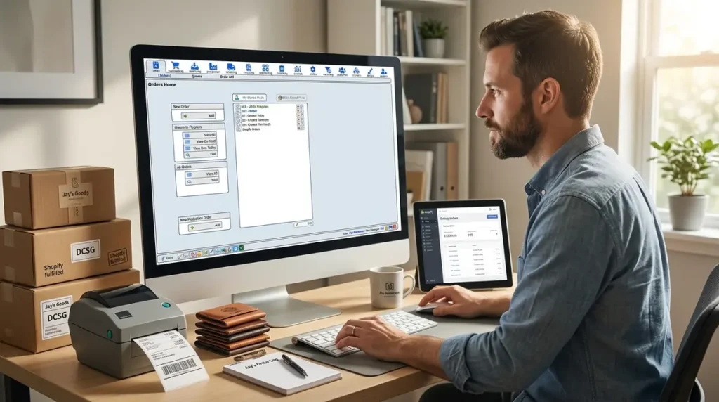 Man working on computer and tablet with order ePS Pace management software on screens at desk