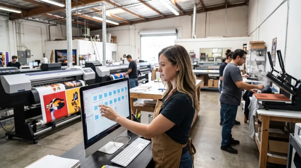 Woman using computer to organize digital artwork files in a printing workshop