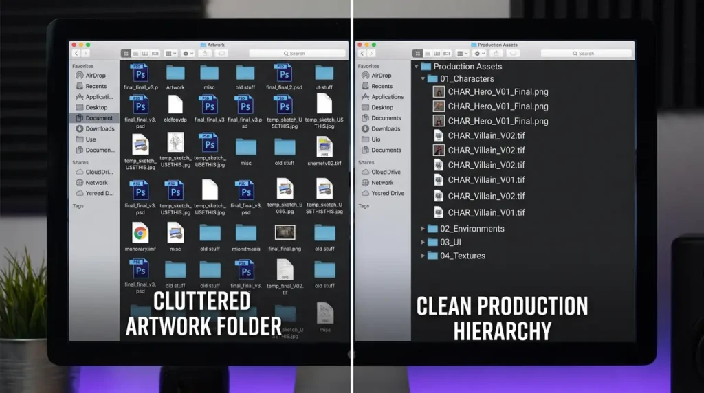 Two computer screen folders side by side, one cluttered and one cleanly organized with labeled subfolders