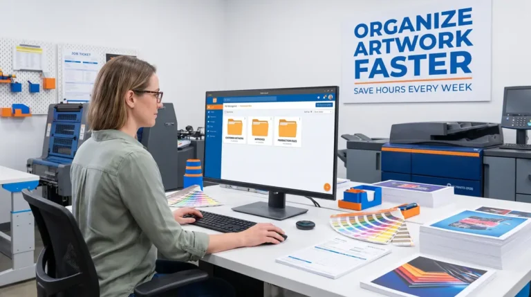 Woman organizing customer artwork files on computer in a print shop with color swatches and printed materials