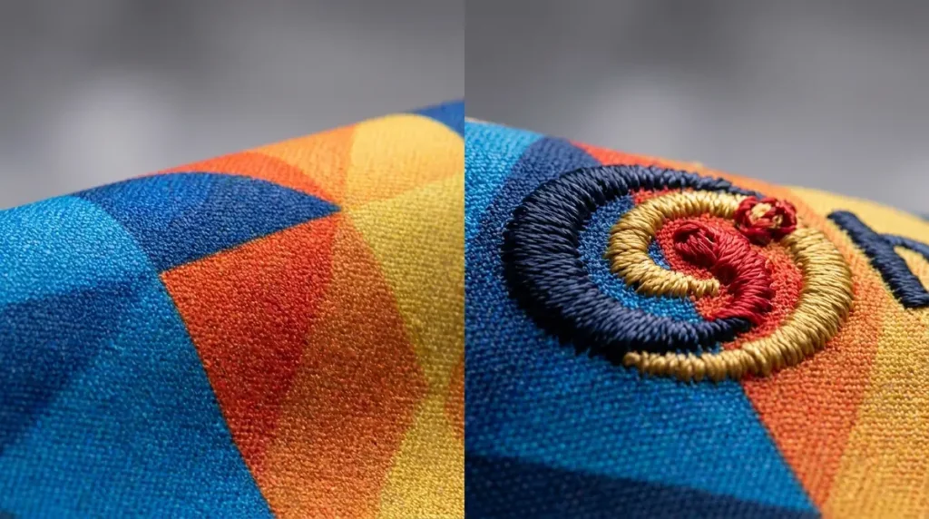 Close-up of polyester fabric showing colorful printed on the left and embroidered patterns on the right