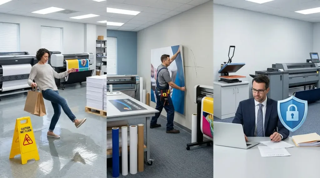 A woman slipping on a wet floor, a man mounting a print on a wall, and a man working on a laptop with a security icon