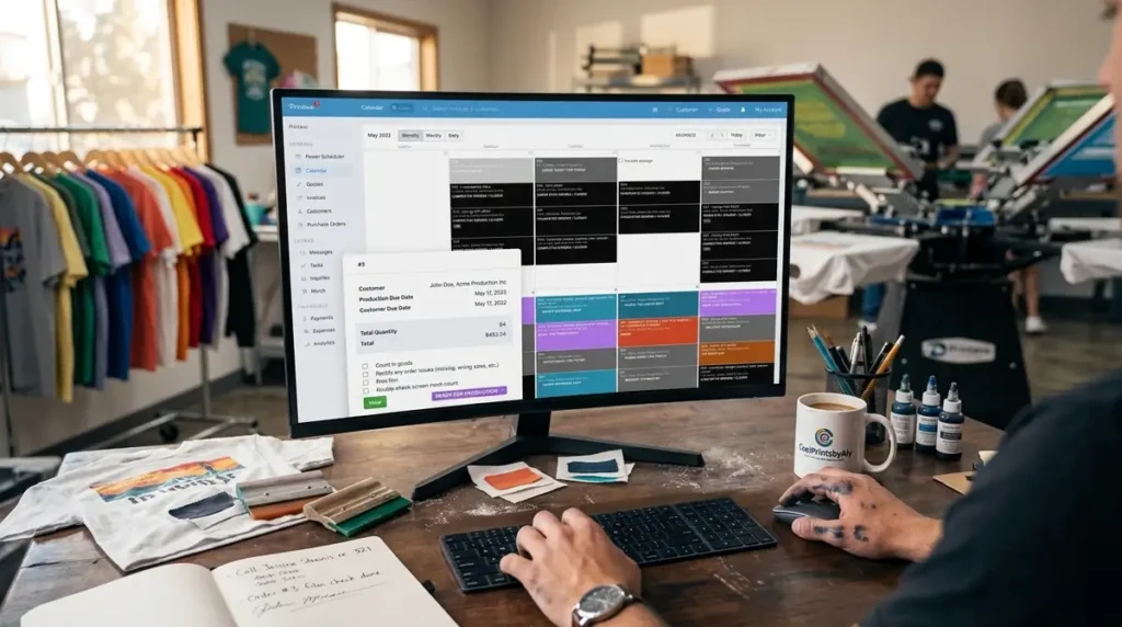 Person using print shop management software on desktop with colorful calendar and t-shirts in background
