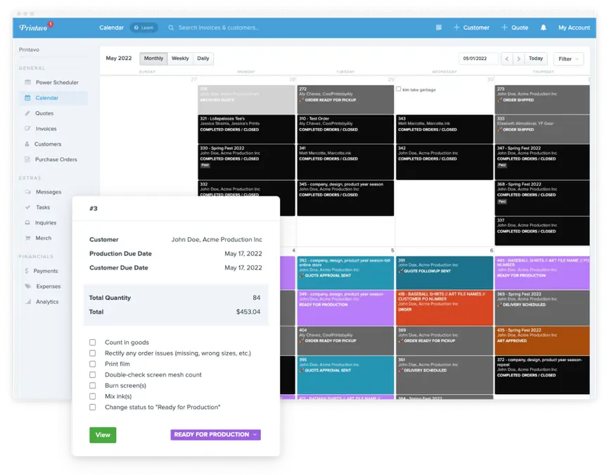 Calendar interface showing scheduled print jobs with task details in a print shop management software