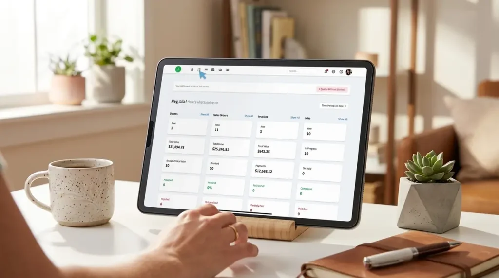 Tablet displaying print shop management dashboard with financial and order details