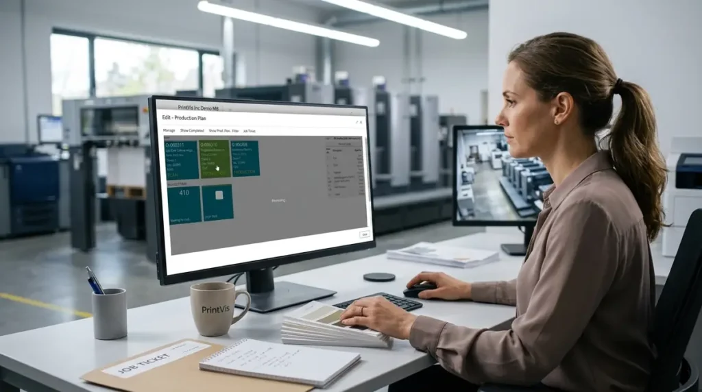 Woman working on computer with PrintVis print shop management software in a modern printing facility