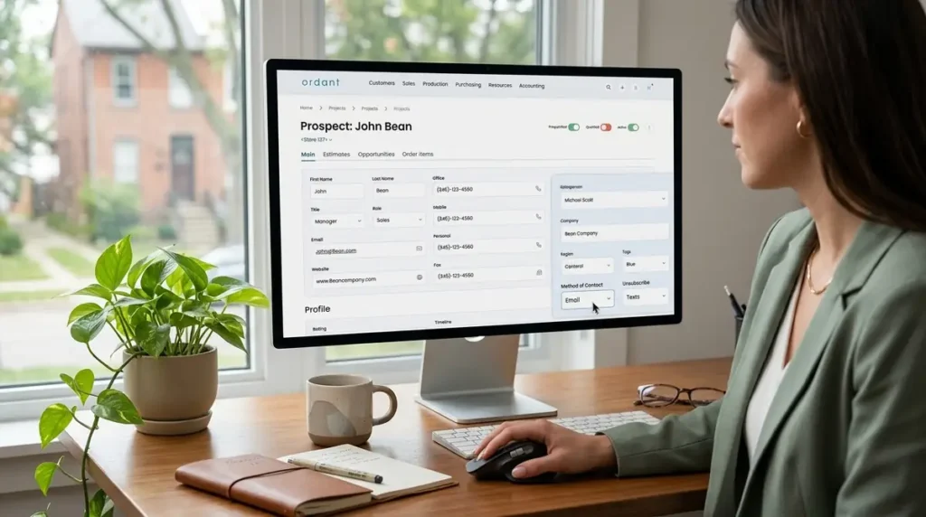 Woman sitting at desk working on business contact Ordant management software on a large monitor