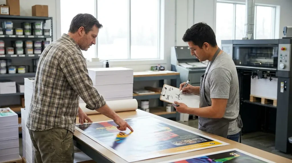 Two men examining a large printed poster on a table in a print shop