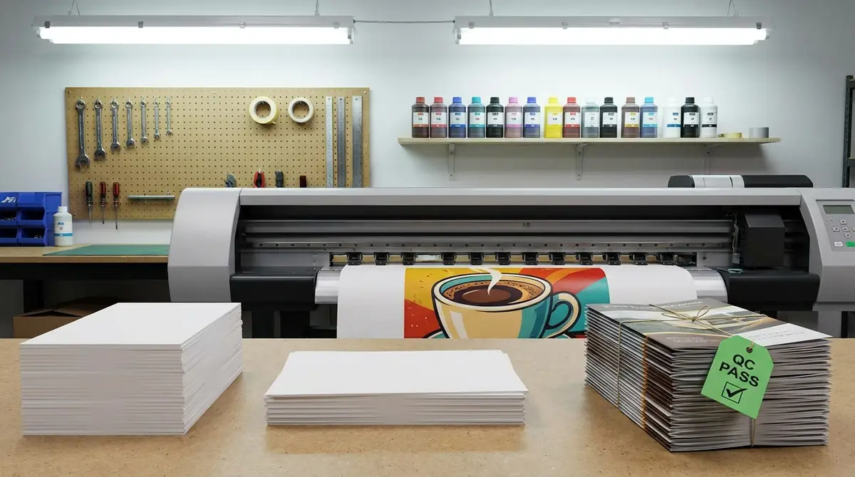 Large format printer gradually printing a colorful coffee cup poster with stacks of paper and bundles with a QC Pass tag