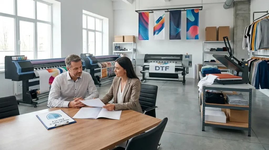 Man and woman sitting at a table in a print shop with printers and clothing racks