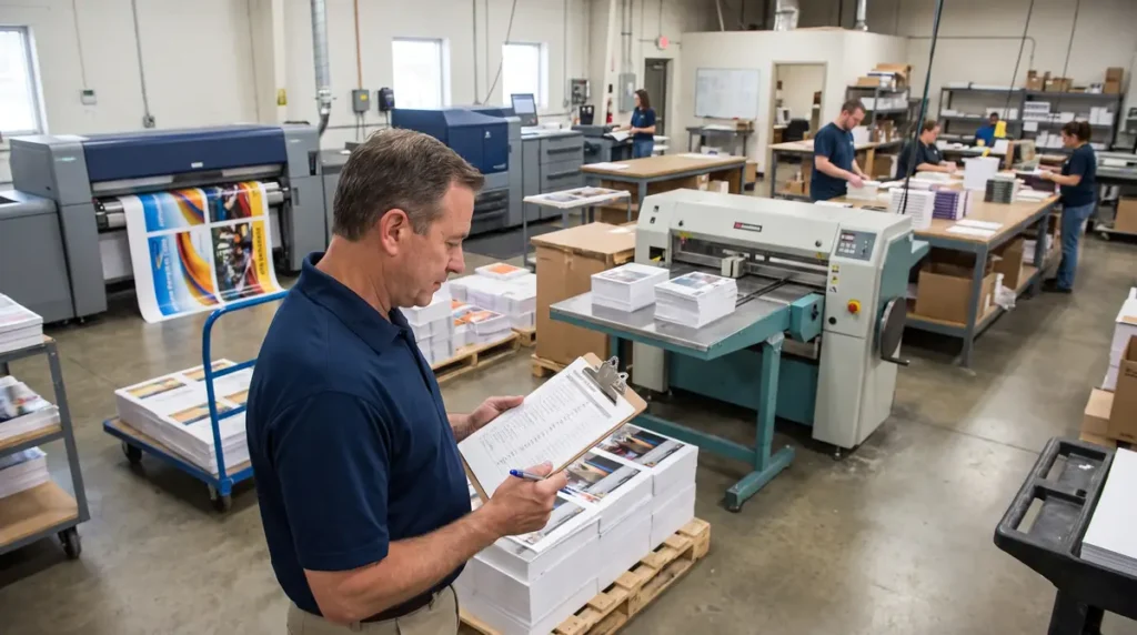 Man checking a checklist on clipboard while standing near printed materials in a print shop
