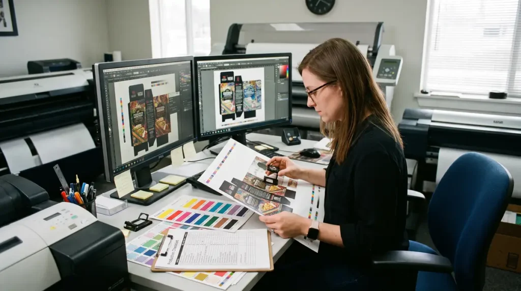 Technician inspecting printed artwork with color charts and computers in a print shop