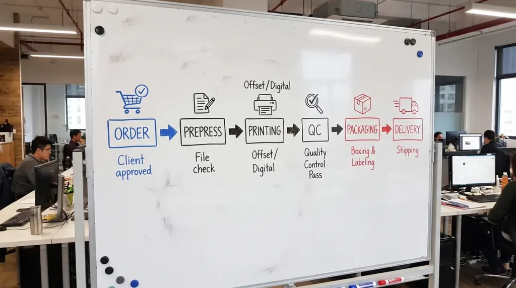 Whiteboard showing print shop production checklist steps in an office setting