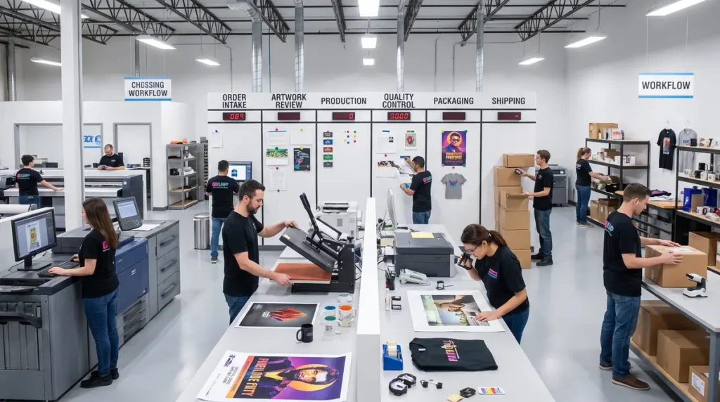 Print shop workers performing order intake, artwork review, production, quality control, packaging, and shipping