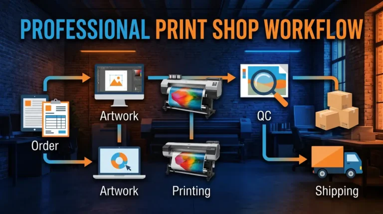 Diagram showing a print shop production checklist workflow from order to shipping