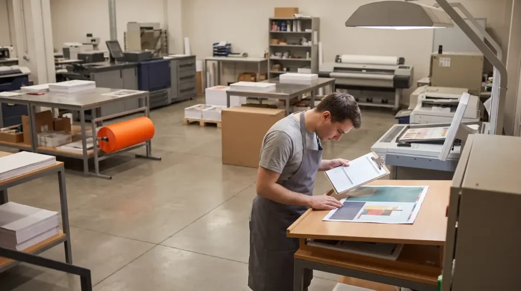Man in apron reviewing print proof and checklist in a print shop