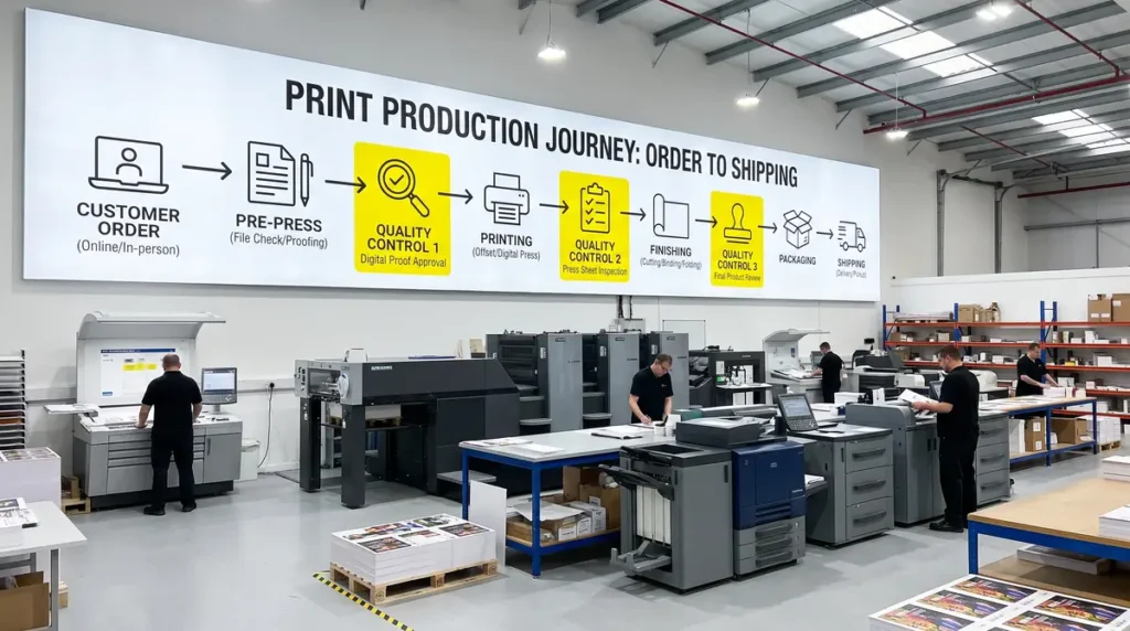 Workers operating printing machines under a large print production journey workflow chart