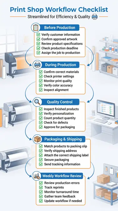 Print shop workflow checklist with steps before production, during production, quality control, packaging & shipping, and weekly review