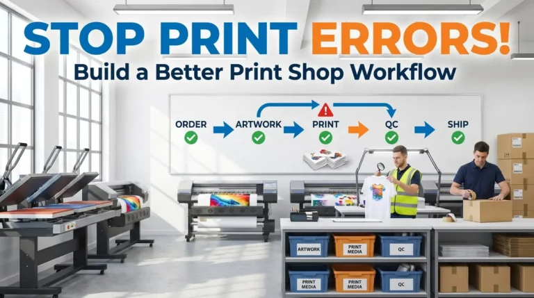 Two workers checking printed t-shirts and packing boxes in a modern print shop