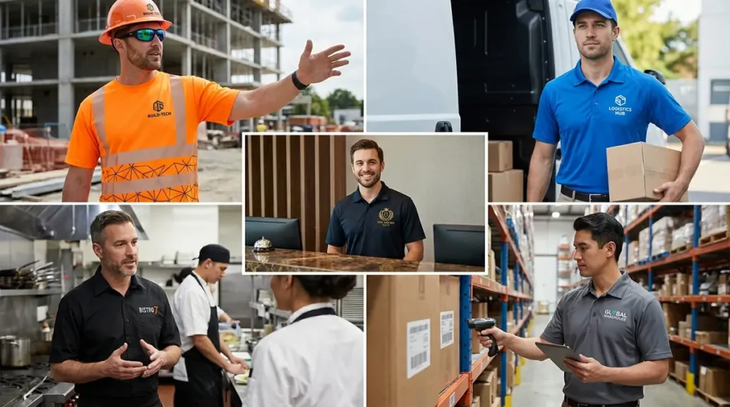 Collage of workers in construction, delivery, hospitality, and warehouse settings