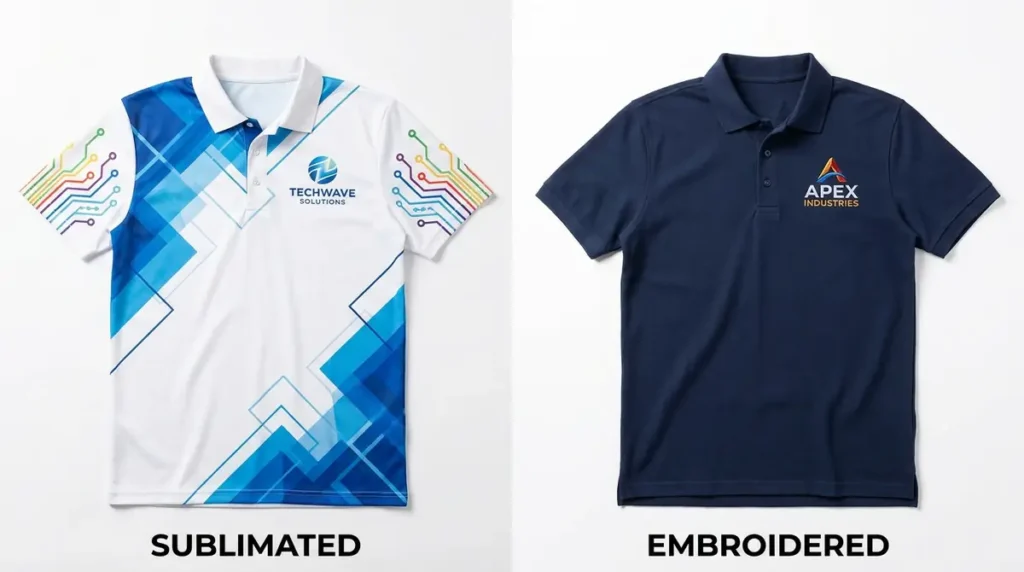 White and blue sublimated polo shirt beside a plain navy blue embroidered polo shirt