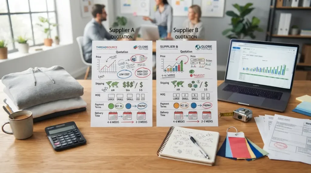 A desk with supplier quotations, fabric swatches, a laptop, calculator, and coffee cup