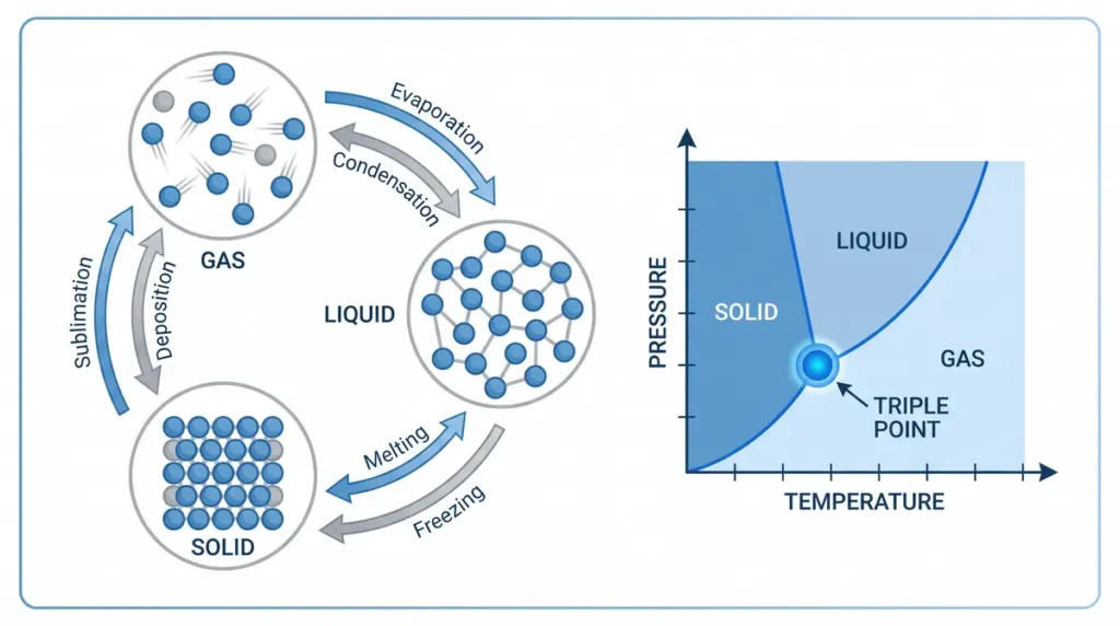 Diagram showing solid, liquid, and gas phases with phase transitions and a pressure-temperature phase diagram highlighting the triple point