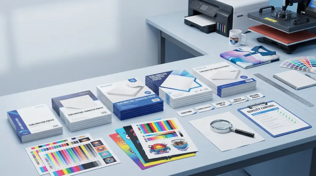 Various sublimation transfer paper packs, color test prints, quality control checklist, and printing tools on a desk