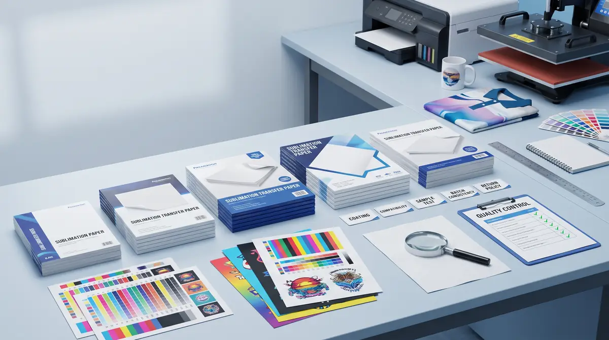 Various sublimation transfer paper packs, color test prints, quality control checklist, and printing tools on a desk