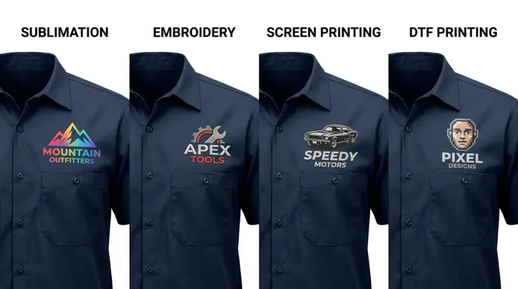 Four navy blue work shirts showing different logo print methods including sublimation, embroidery, screen printing, and DTF printing