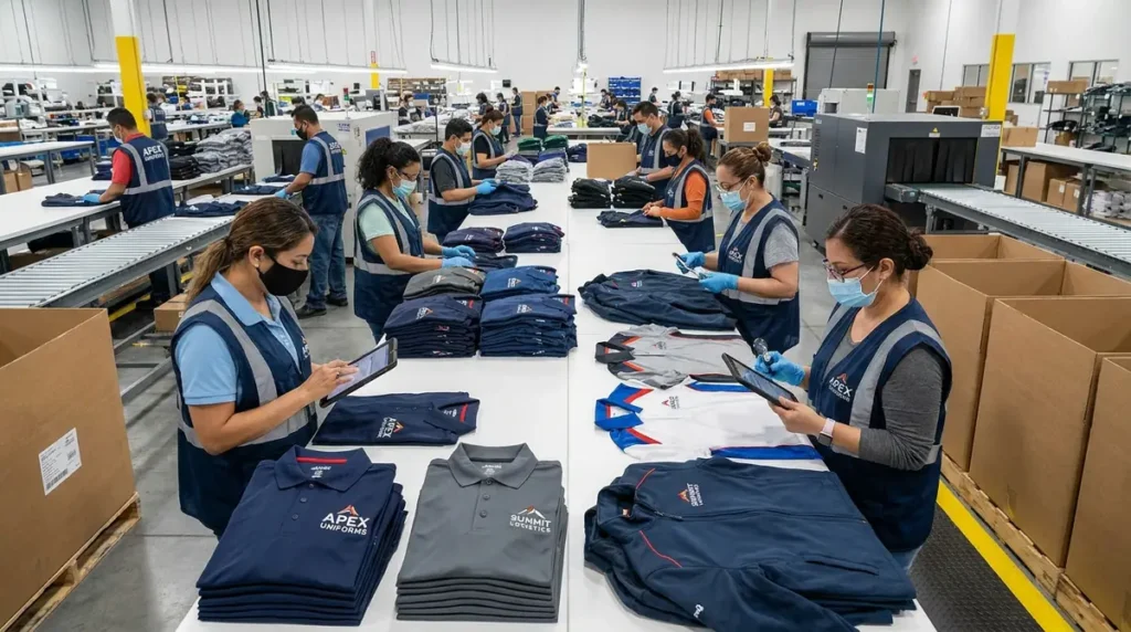 Workers wearing masks and gloves inspecting and organizing folded uniform shirts and pants in a manufacturing warehouse