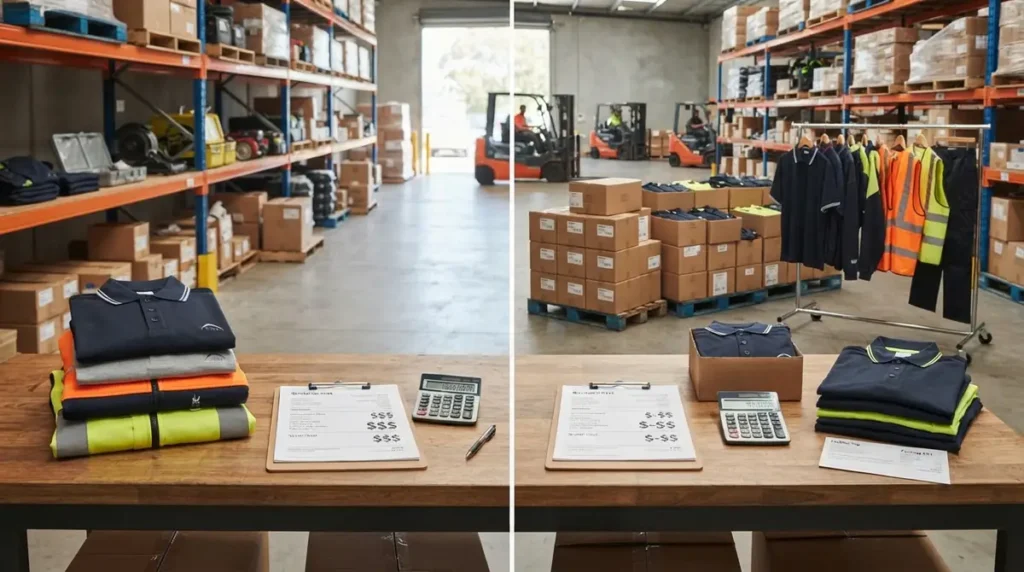 Folded workwear clothing, calculator, clipboard with papers, and boxes on a warehouse table