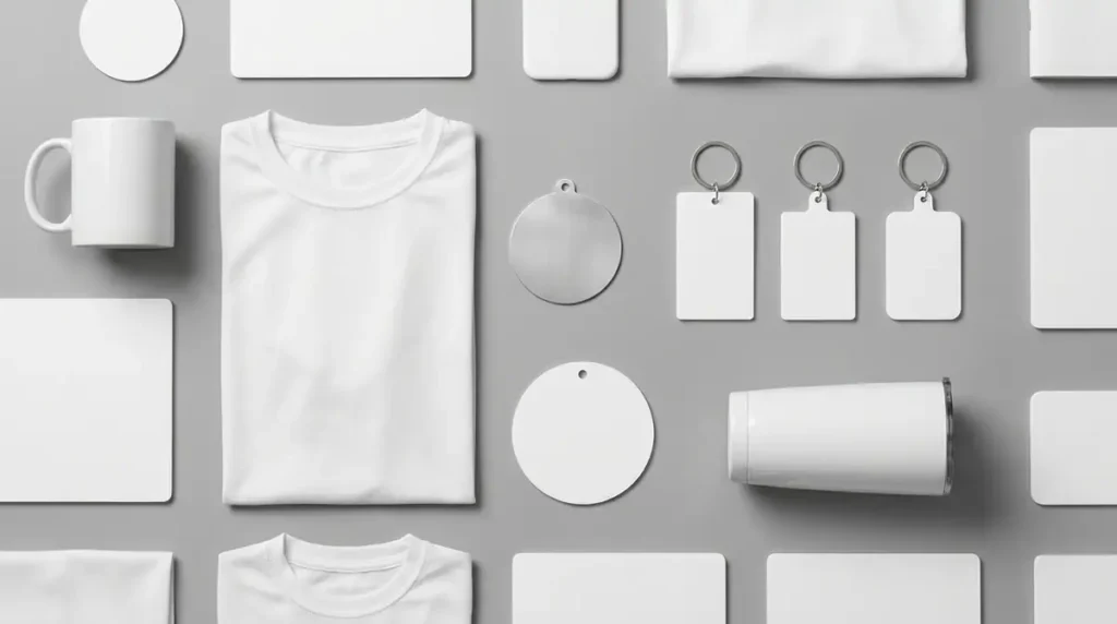 White blank sublimation items including t-shirts, mugs, keychains, and round tags laid out in rows