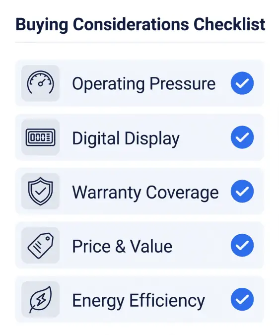 Checklist of buying considerations with icons and check marks for operating pressure, digital display, warranty coverage, price and value, energy efficiency