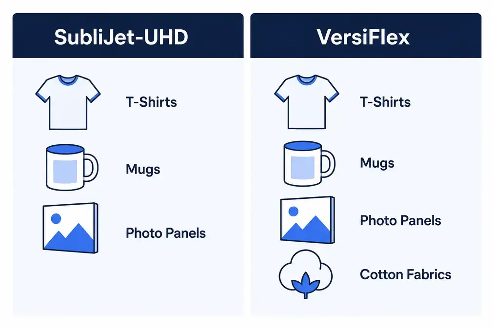 Comparison chart of SubliJet-UHD and VersiFlex products.