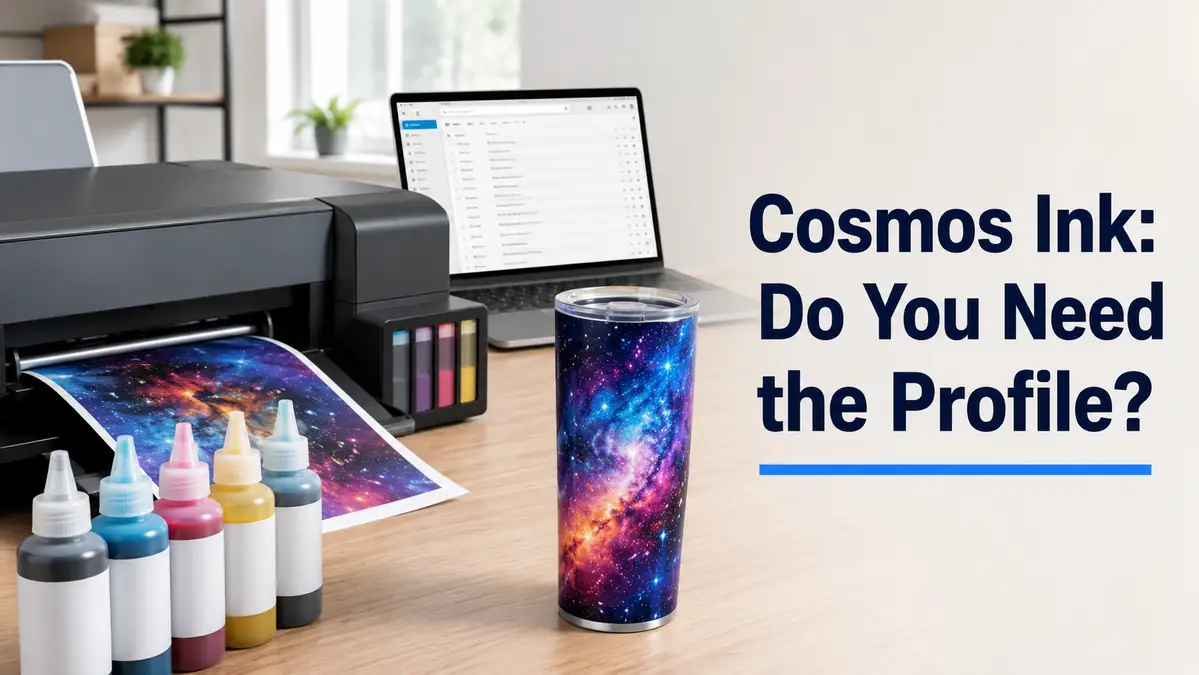 A colorful cosmic-themed tumbler beside a printer and colorful inks.