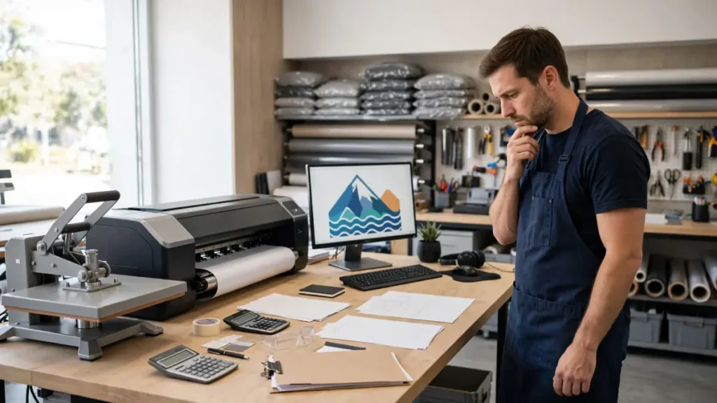 Man in apron standing and thinking at a workspace with printing equipment and computer