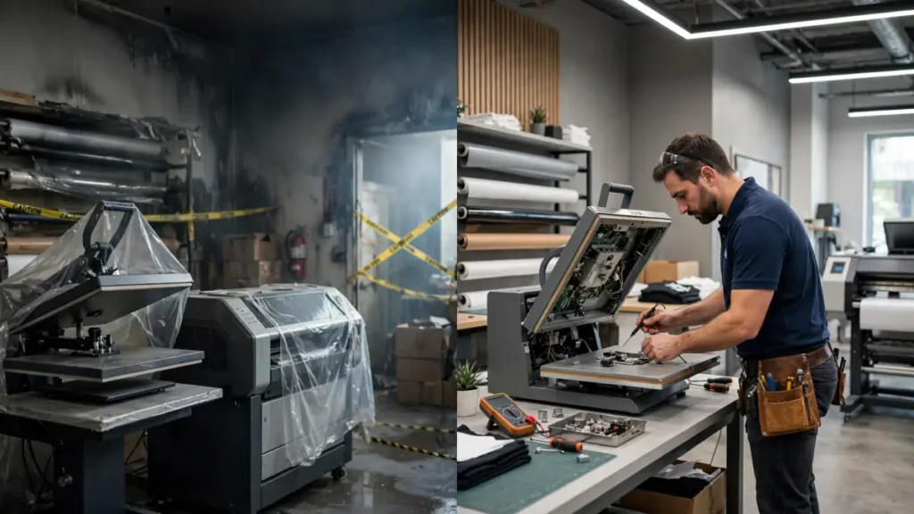 Man repairing heat press machine in a modern custom apparel workspace
