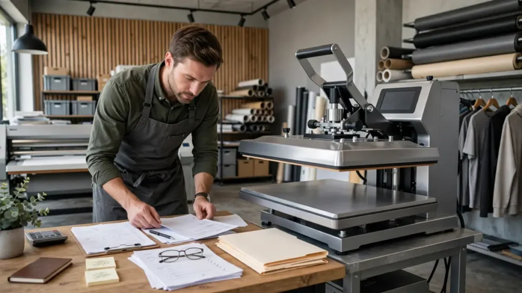 Man reviewing papers next to a heat press machine in a custom apparel workshop