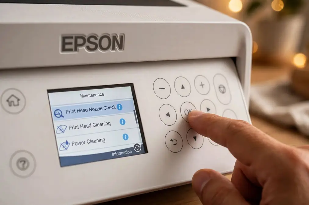 Close-up of a hand using the Epson printer control panel.