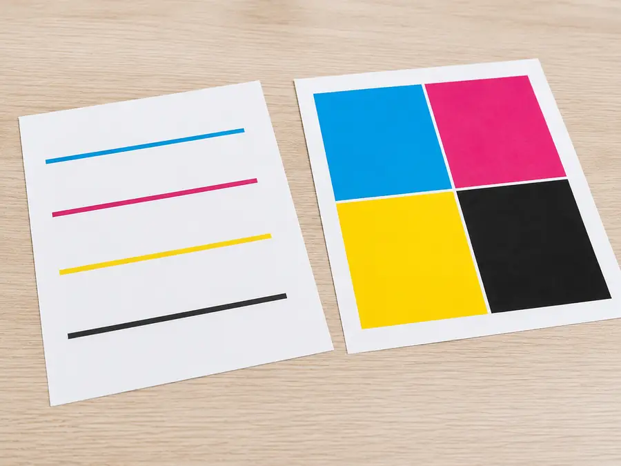 Purge sheet with color blocks and lines printed on paper