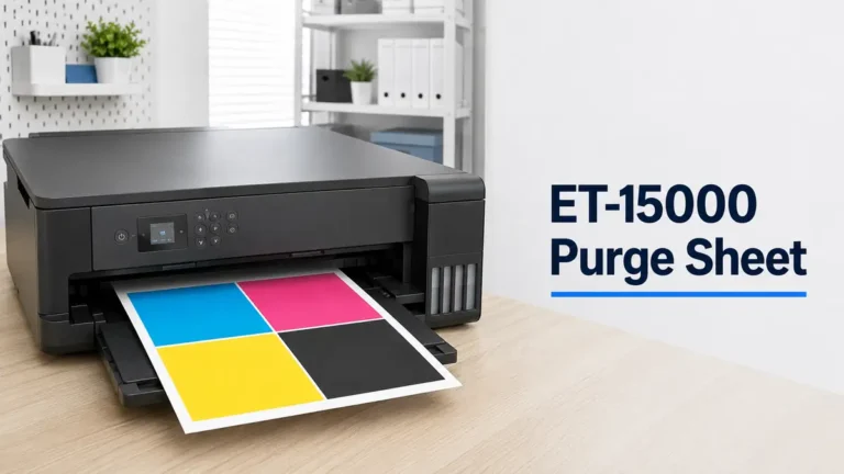 Epson ET-15000 printer with a colorful purge sheet being printed