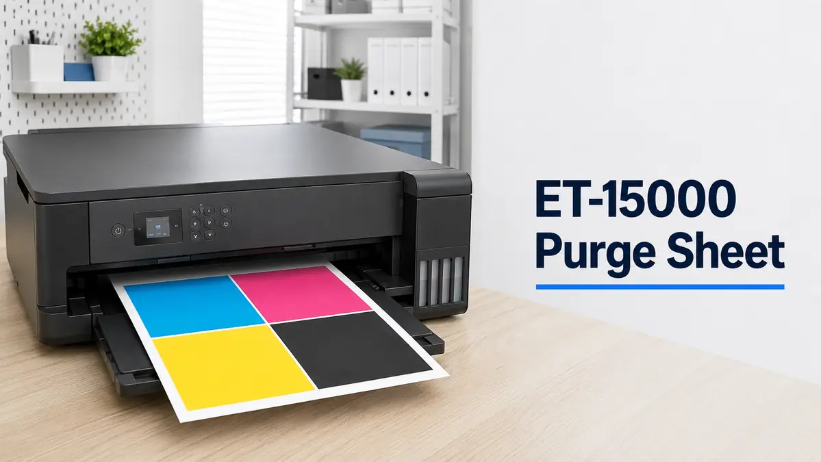 Epson ET-15000 printer with a colorful purge sheet being printed
